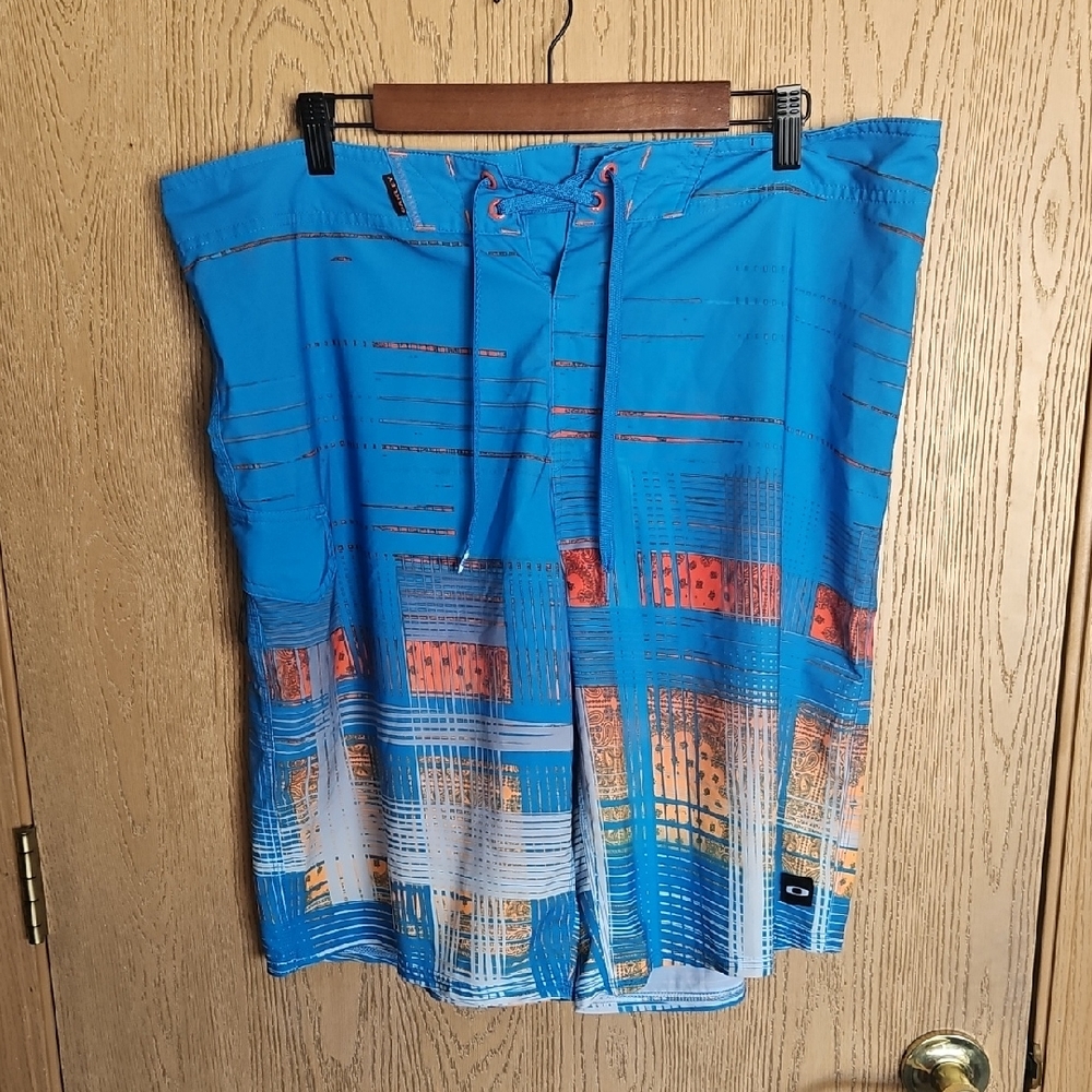 Oakley Blue And Orange Mens Swim Trunks with Tie Front